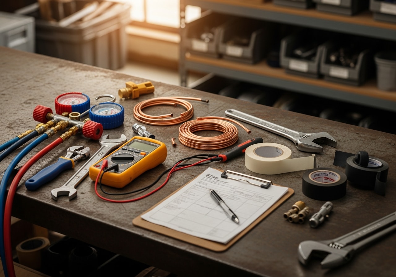 HVAC technician tools and equipment laid out on a workbench, ready for service calls.