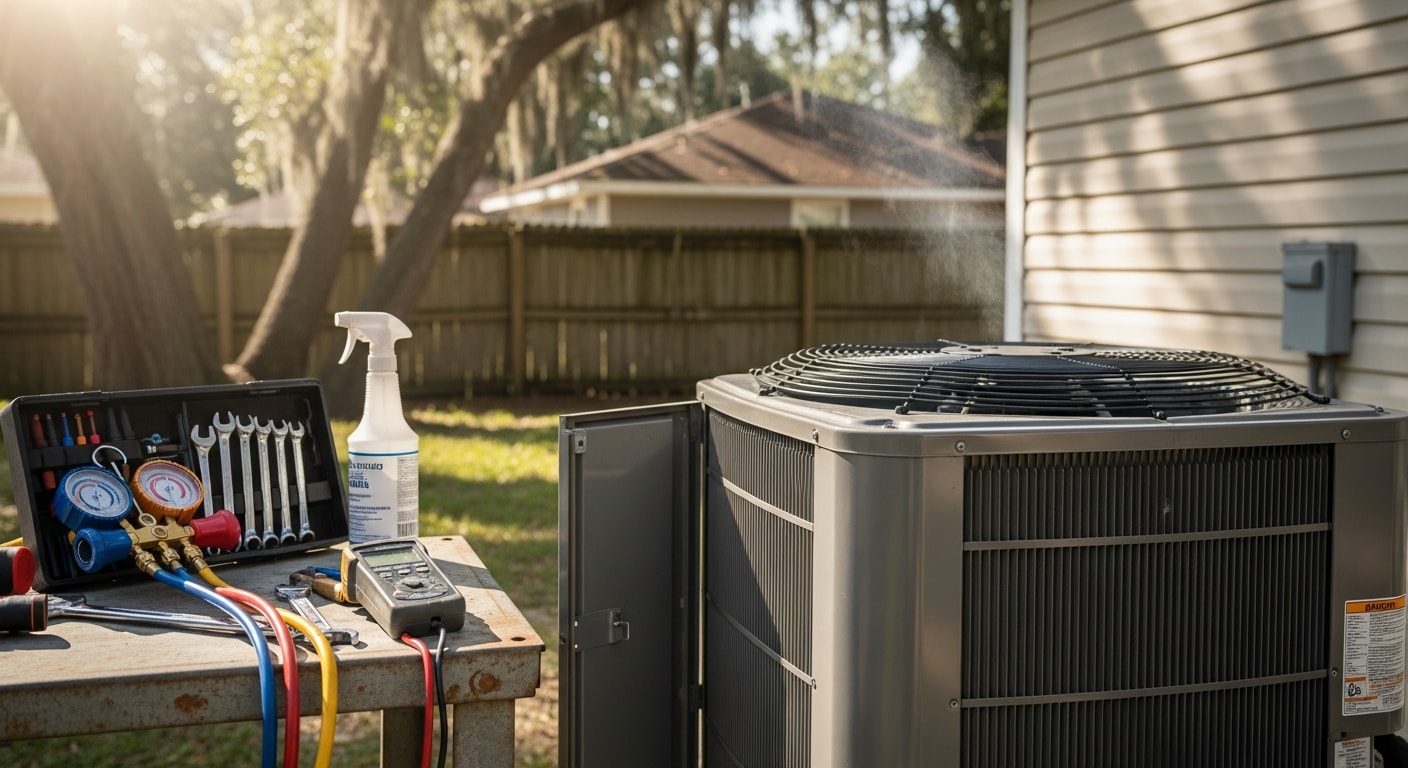AC unit being cleaned and inspected by HVAC professional