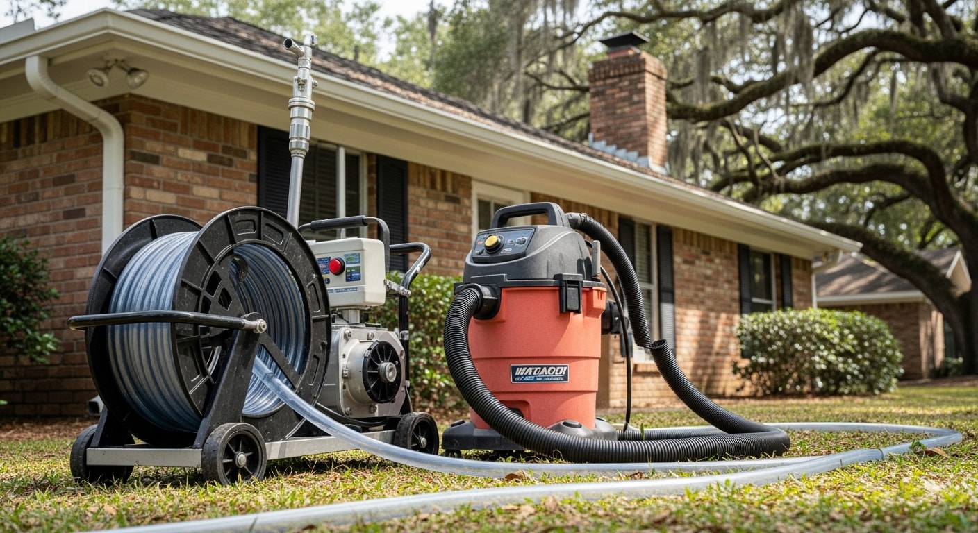 Technician performing drain line cleaning and inspection