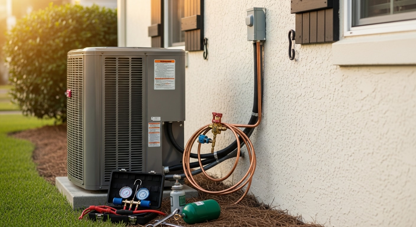 HVAC technician performing air conditioning system maintenance