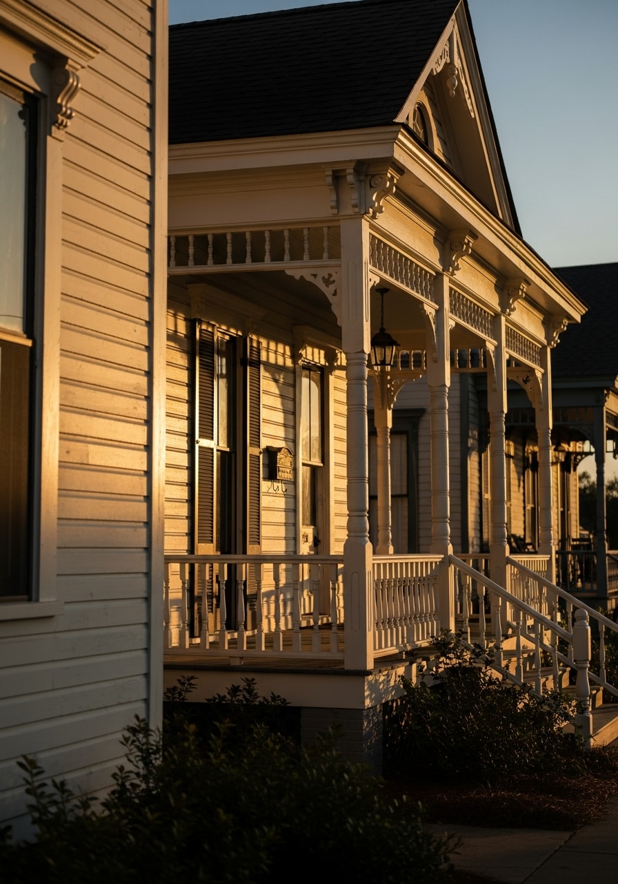 Close-up of a restored Bay St. Louis home's porch and architectural details.