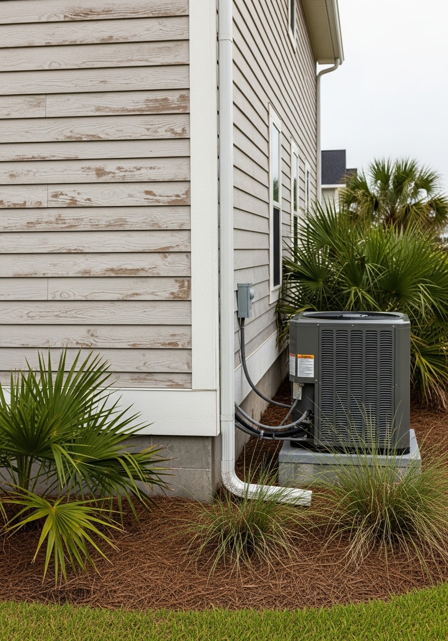 Close-up of a Gulf Coast home's exterior with salt-weathered siding and coastal landscaping.