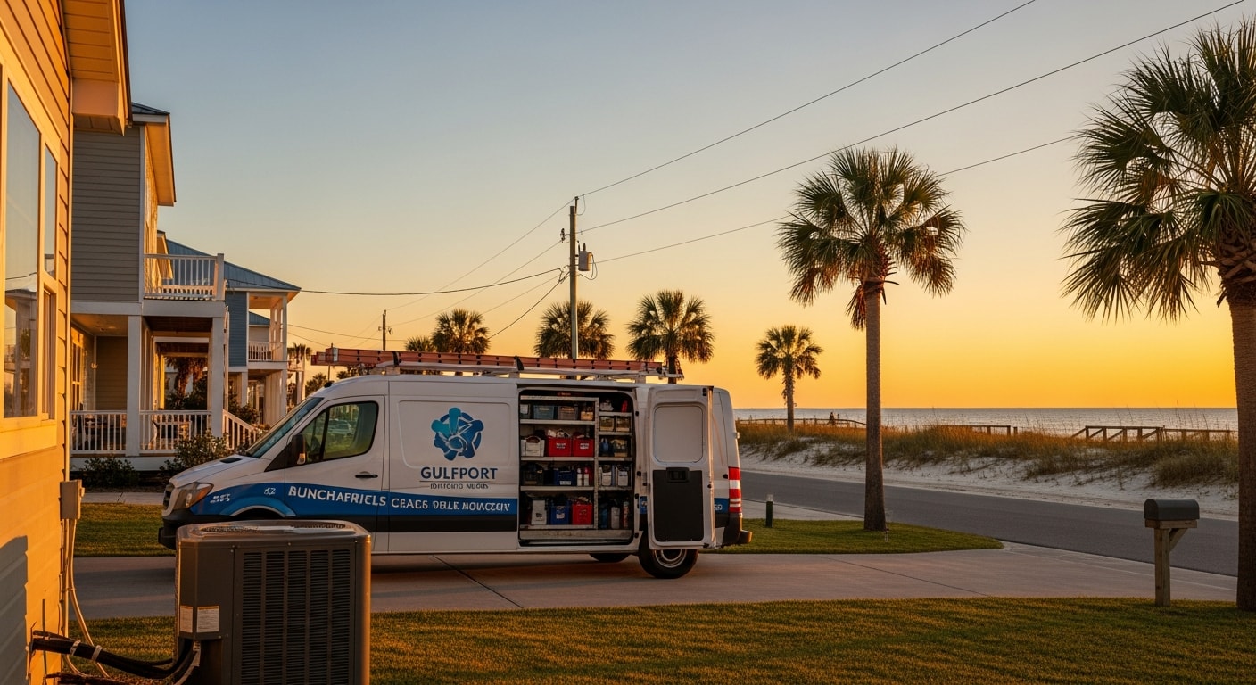 Beachfront homes and palm trees along the Mississippi Gulf Coast shoreline at sunset.