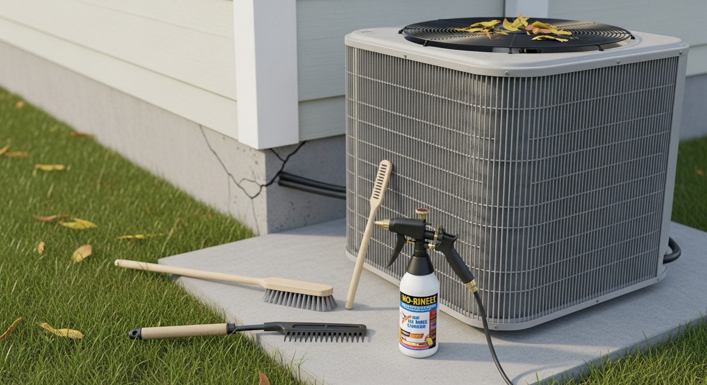 A Crosby's Heating and Air technician cleaning the evaporator coil and flushing the condensate drain line on a residential AC unit on the Mississippi Gulf Coast. The outdoor condenser unit sits beside a coastal home with visible humidity and pollen buildup removed from the coil fins.