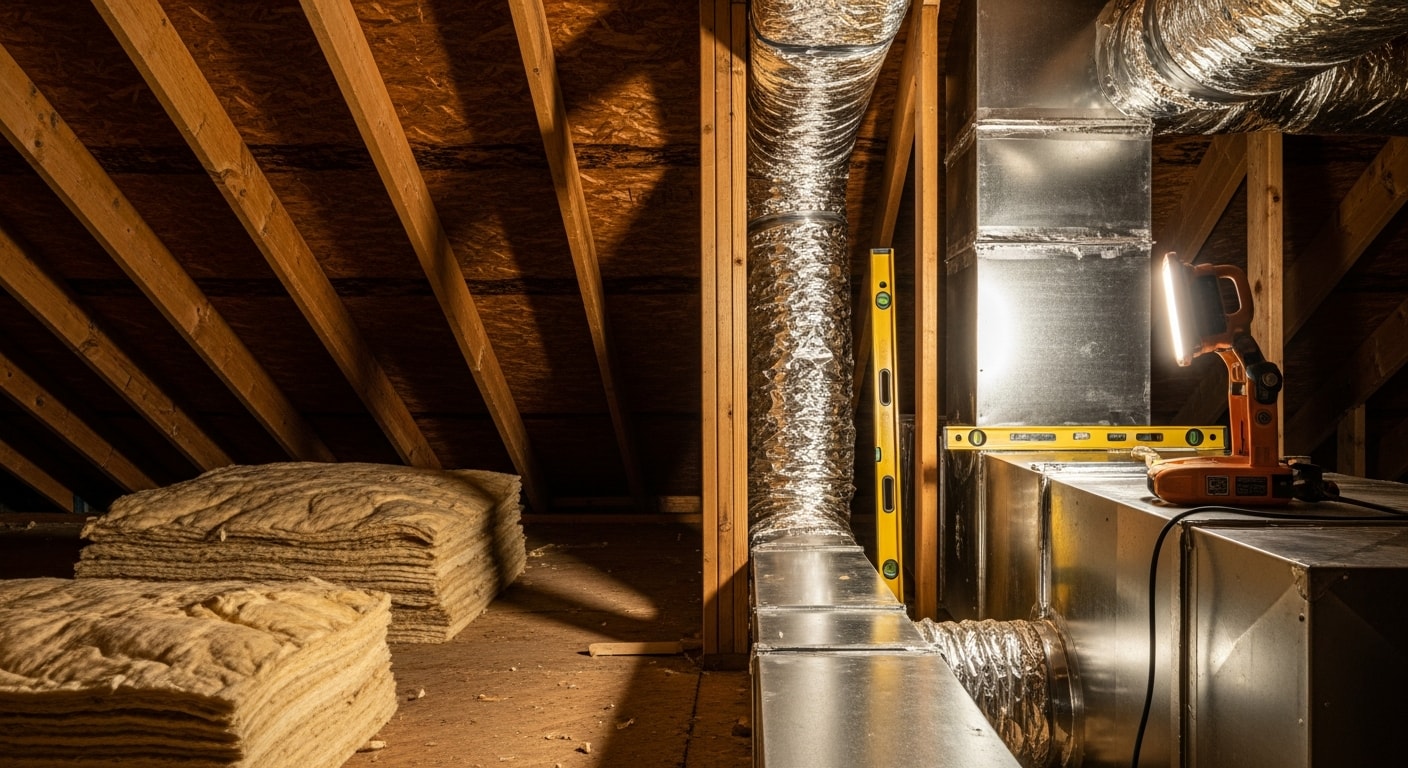 A Crosby's Heating and Air technician installing sealed and insulated AC ductwork in the attic of a Mississippi Gulf Coast home. New duct runs are visible overhead, connected to supply registers in the ceiling below.