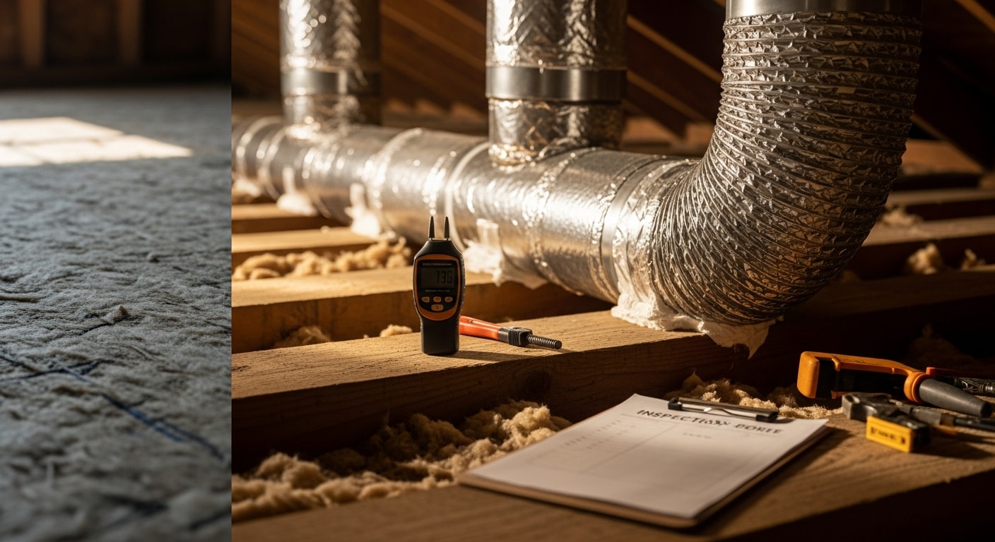 A Crosby's Heating and Air technician sealing a leaking flex duct connection in the attic of a Mississippi Gulf Coast home. The image shows exposed ductwork with repair materials being applied at a disconnected joint.