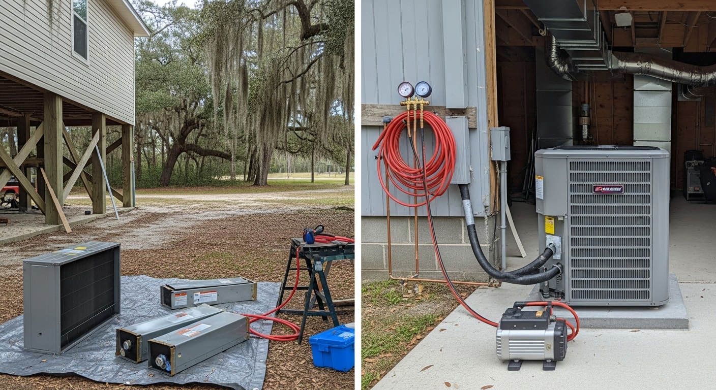 A new residential AC condenser unit installed outside a single-story home on the Mississippi Gulf Coast. A Crosby's Heating and Air technician checks the system connections during the post-installation startup inspection.