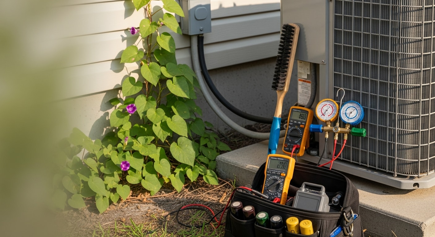 A Crosby's Heating and Air technician inspecting the outdoor condenser unit of a residential air conditioning system on the Mississippi Gulf Coast. The technician checks coil condition and electrical components on a clear day with a coastal home visible in the background.