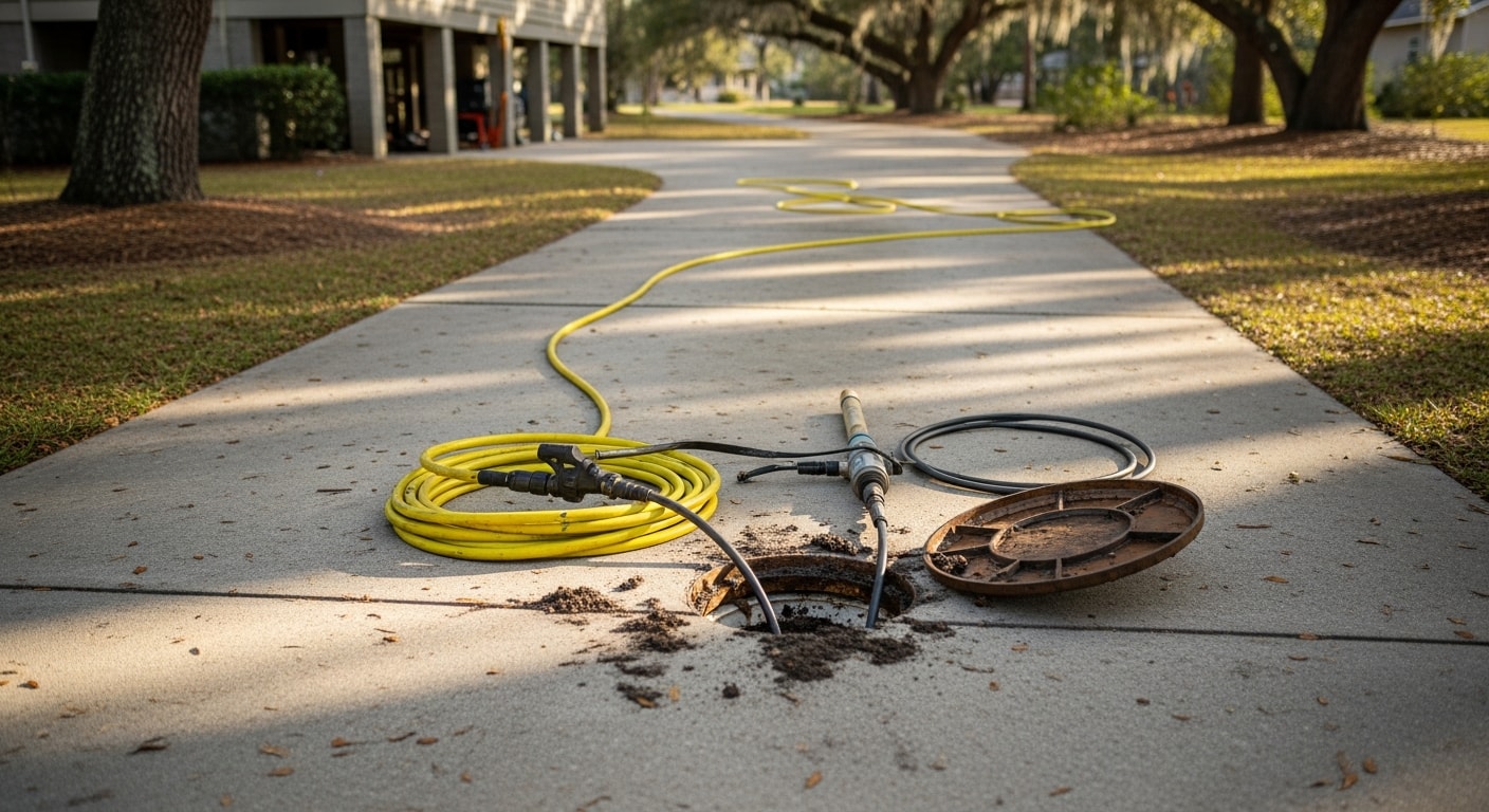 A plumbing technician performing professional drain line cleaning on a residential property along the Mississippi Gulf Coast. The image shows a cleared and fully flowing drain line after removal of grease buildup and root intrusion common to coastal Mississippi homes.