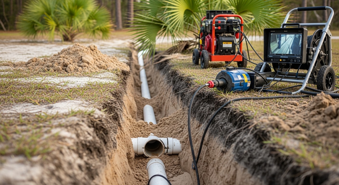 A repaired underground drain line exposed in a shallow trench at a residential property on the Mississippi Gulf Coast. The surrounding sandy coastal soil is visible alongside the restored pipe section.