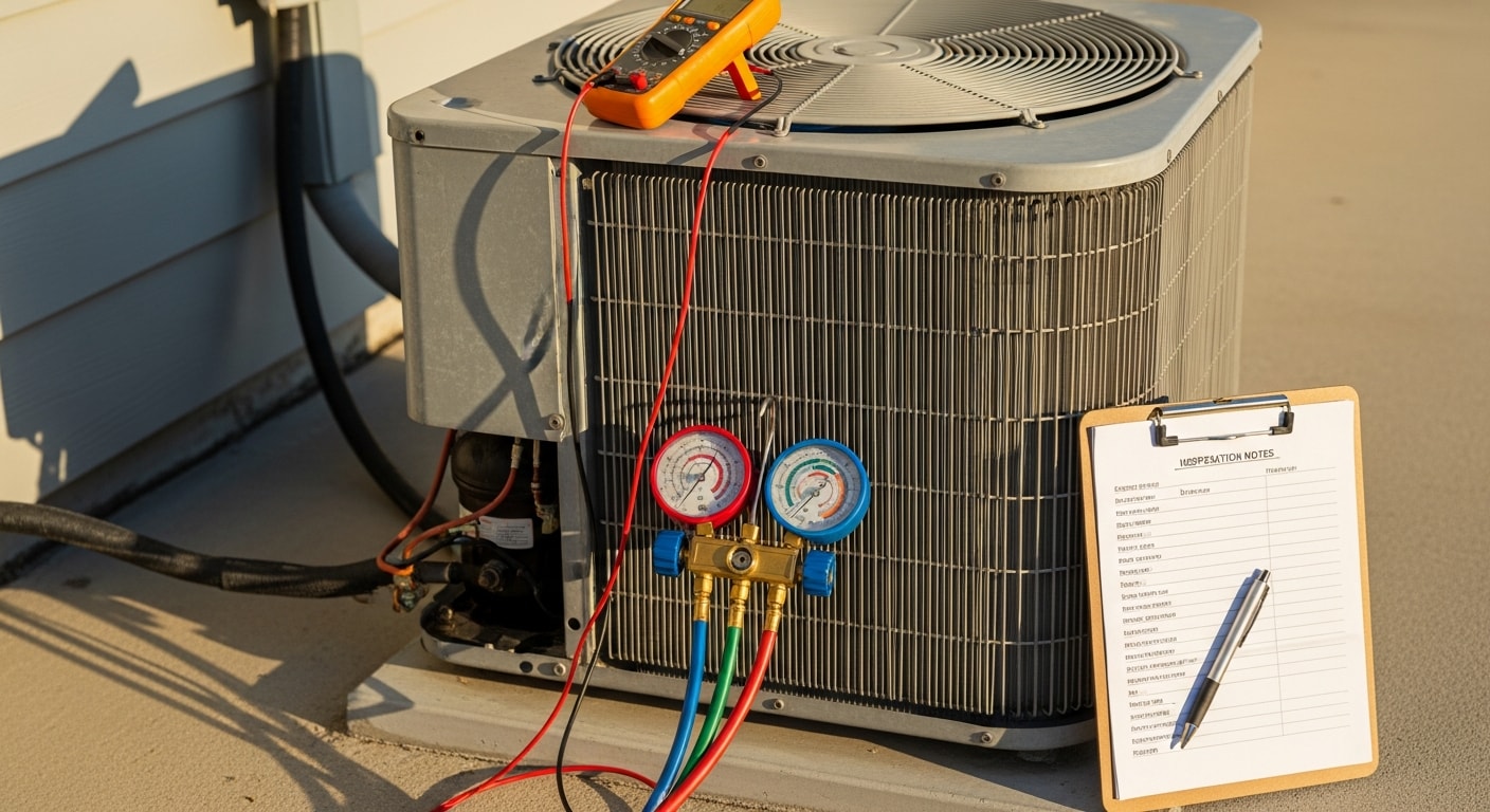 A Crosby's Heating and Air technician inspecting the outdoor condenser unit of a residential air conditioning system on the Mississippi Gulf Coast. The technician checks electrical connections and coil condition on a humid coastal property.