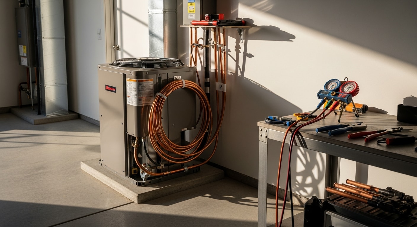 A newly installed outdoor HVAC condenser unit positioned beside a single-family home on the Mississippi Gulf Coast. A technician in a work uniform checks the unit connections during a residential installation.