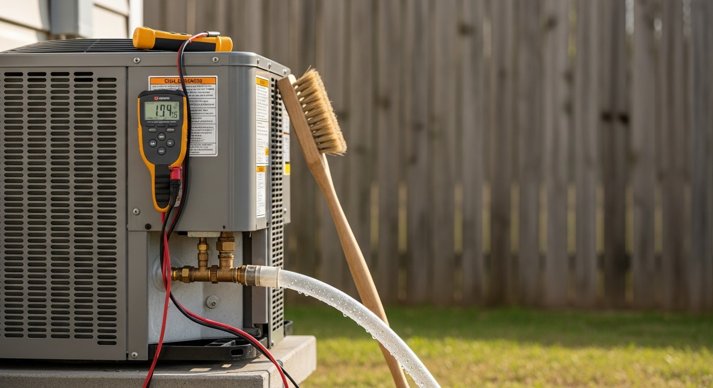 A Crosby's Heating and Air technician inspecting the outdoor condenser unit of a residential HVAC system on the Mississippi Gulf Coast. The technician is cleaning the coil fins on a humid coastal property with visible weathering on the unit exterior.