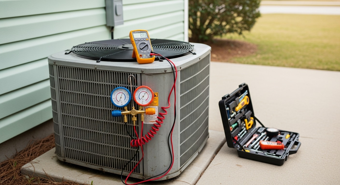 A Crosby's Heating and Air technician inspecting an outdoor HVAC condenser unit at a residential home on the Mississippi Gulf Coast. The unit shows signs of coastal wear, and the technician is checking internal components during a repair visit.