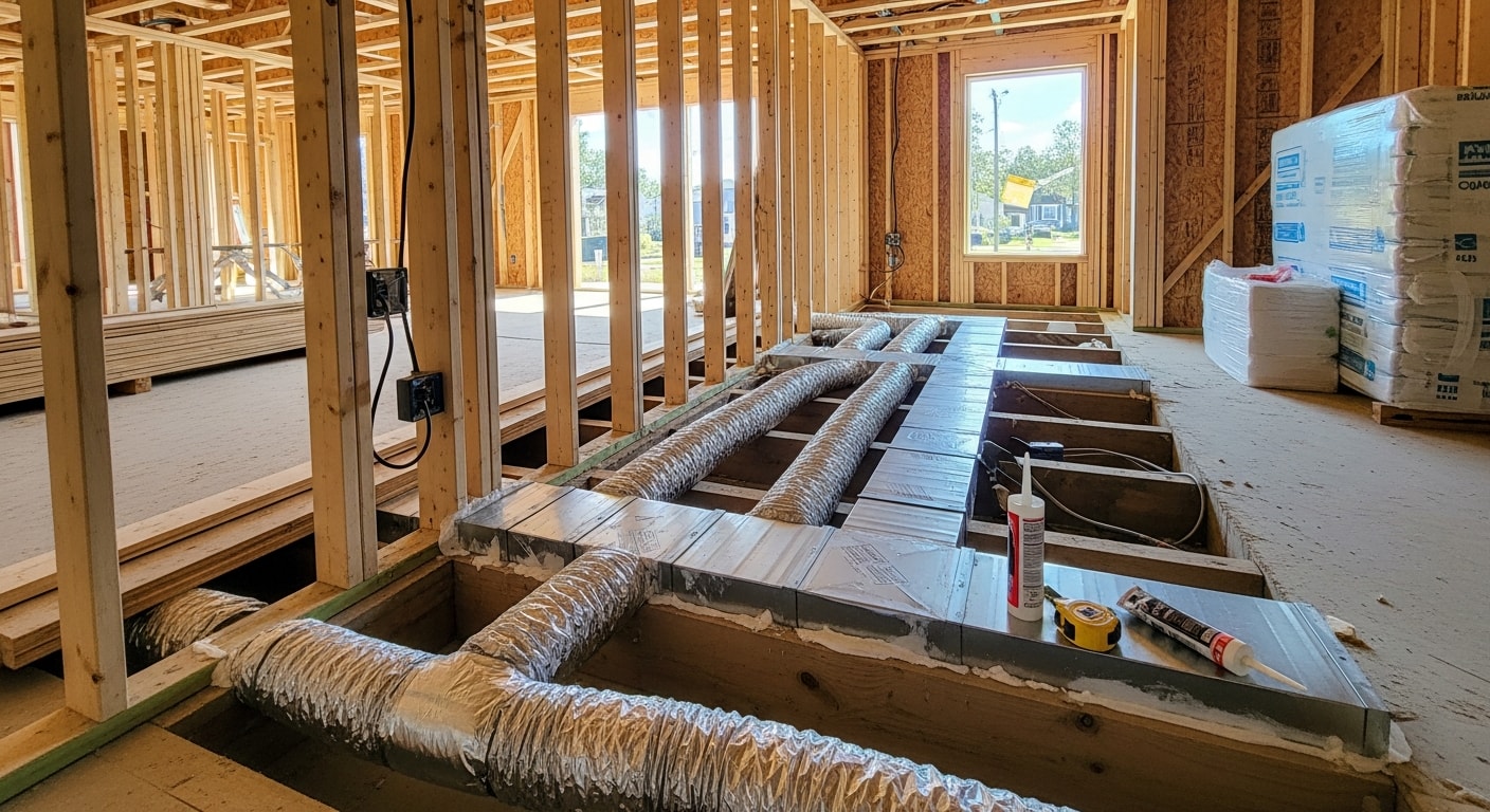 A Crosby's Heating and Air technician installing new construction ductwork inside an unfinished home on the Mississippi Gulf Coast, with exposed framing and insulated trunk lines running across the ceiling joists. The coastal new build setting shows elevated foundation framing typical of Gulf Coast construction.
