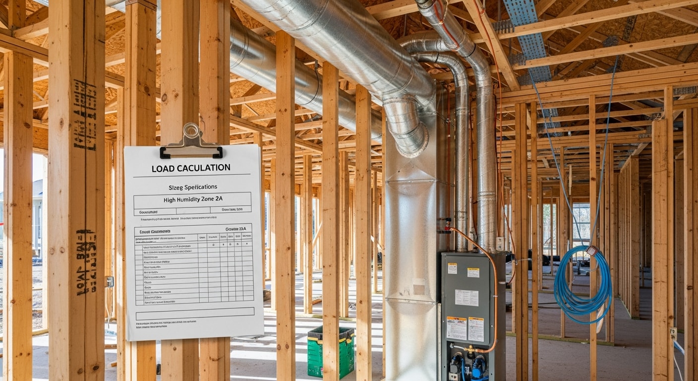 A newly installed HVAC system with sealed ductwork inside the framed walls of a new construction home on the Mississippi Gulf Coast. Crosby's Heating and Air technician inspects the air handler unit during the rough-in phase of a coastal residential build.