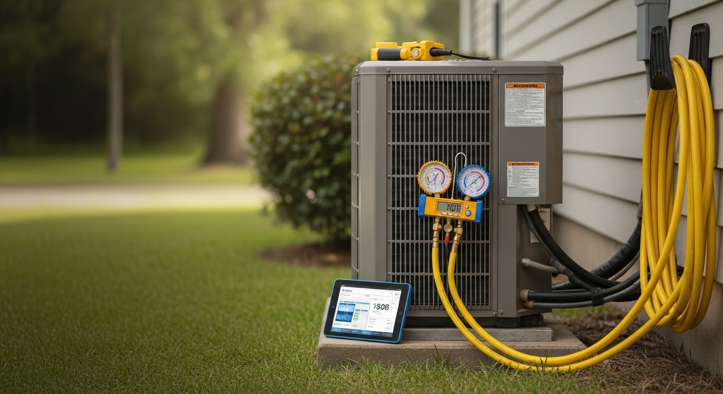 A Crosby's Heating and Air technician checking refrigerant levels on a residential AC unit on the Mississippi Gulf Coast. The technician uses gauge manifolds connected to the service ports of an outdoor condenser unit beside a single-family home.